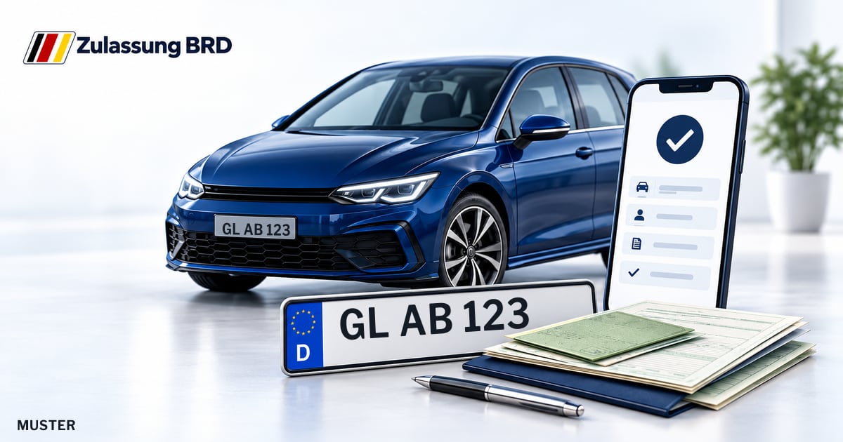 Online Fahrzeugzulassung in Wermelskirchen: Musterkennzeichen GL AB 123, Auto und Fahrzeugpapiere und Smartphone. Illustration mit Logo von Zulassung BRD.